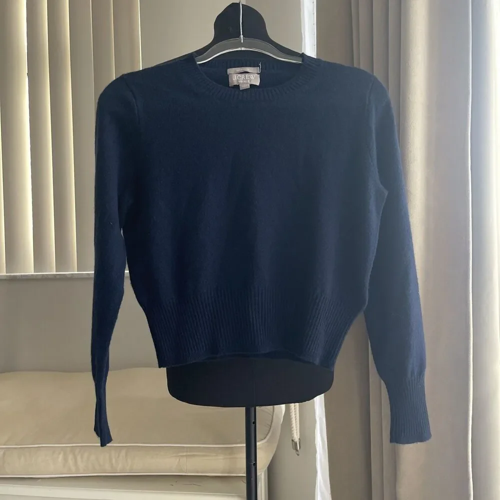 J. Crew 100% Cashmere shrunken Crop Fit crewneck Navy Blue sweater S